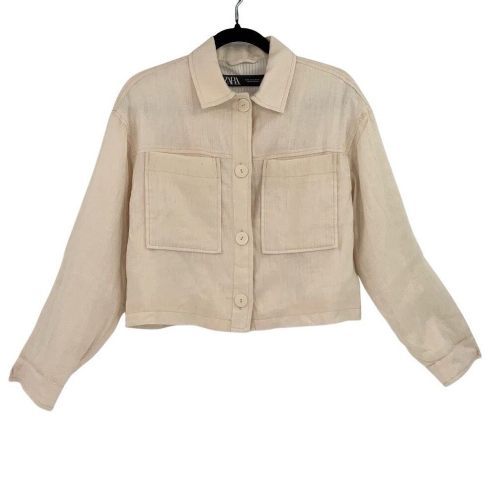 NWT Zara Beige Linen Cropped Pockets Front Button Jacket Size Small
